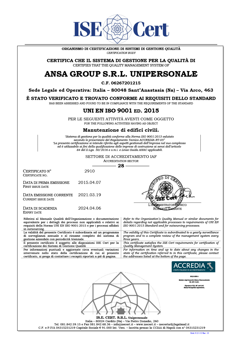 Certificazione ISO 9001 | Ansa Group Srl