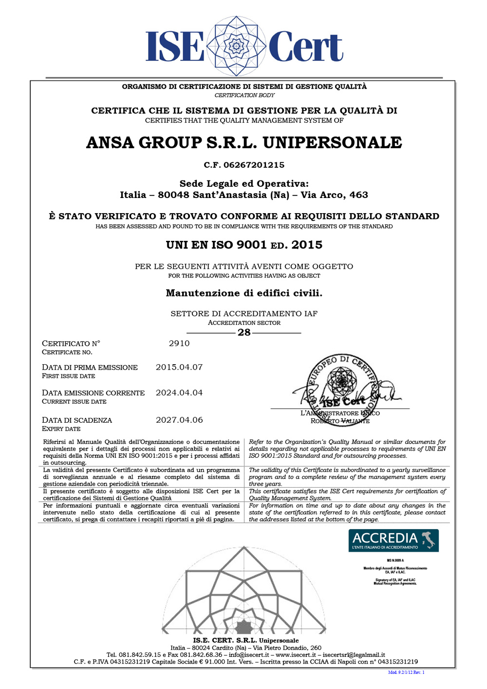 Certificazione ISO 9001 | Ansa Group Srl